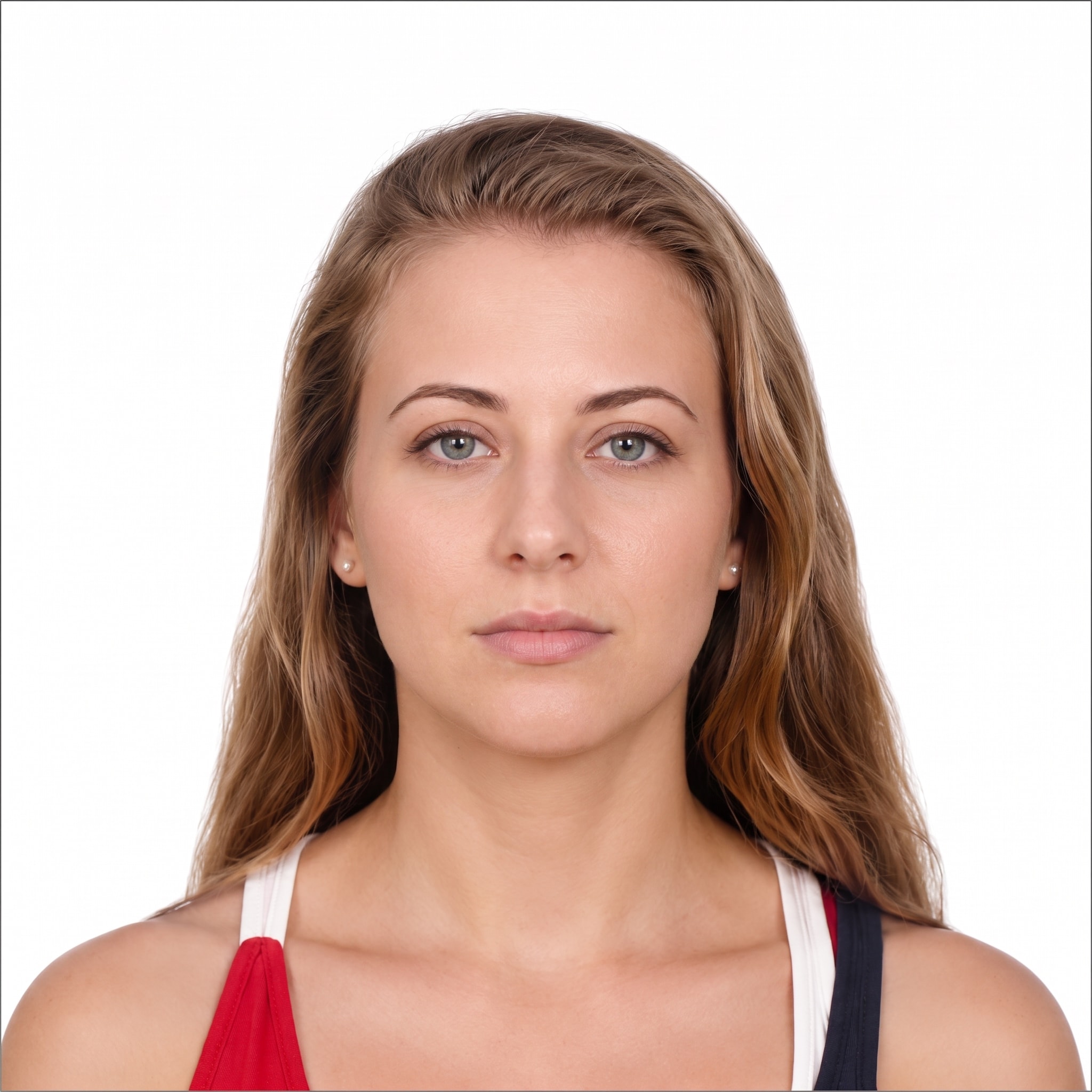 Front-facing sample passport photo result of the woman from the selfie